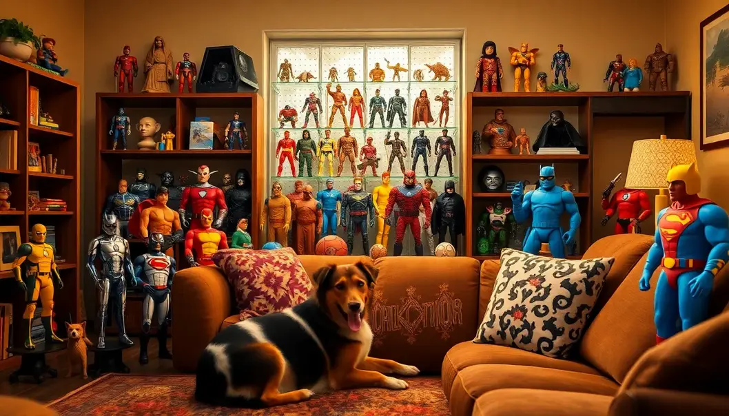 Classic and modern action figures displayed together in a cozy room, capturing a sense of nostalgia and warmth.