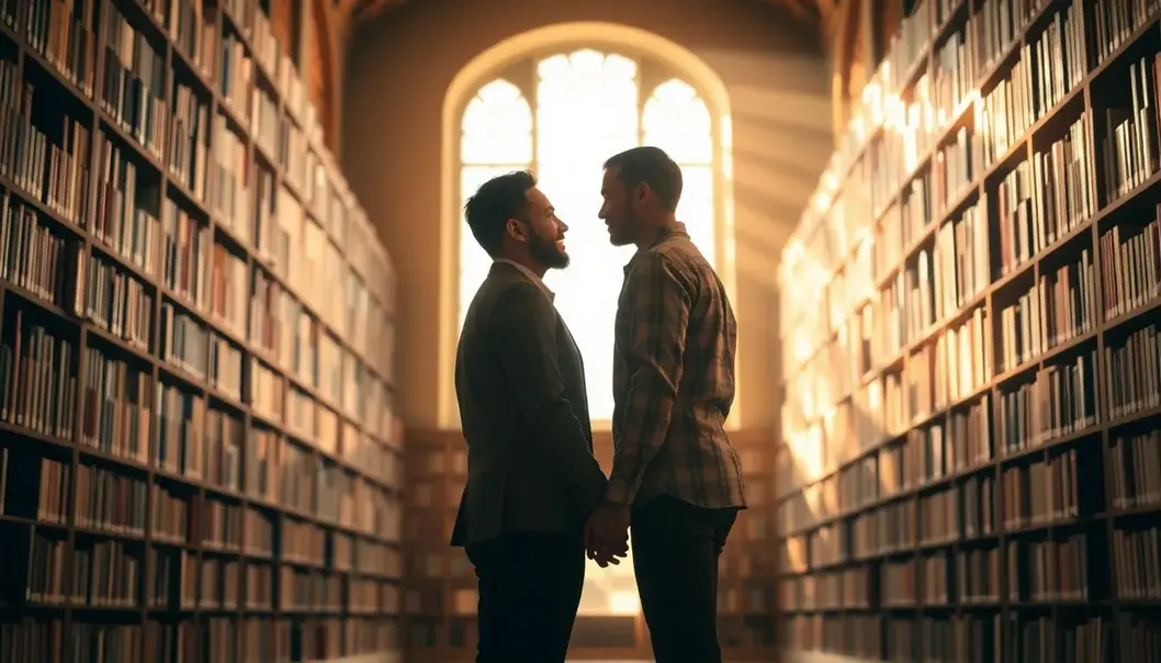 A couple standing hand in hand in a sunlit library filled with bookshelves.