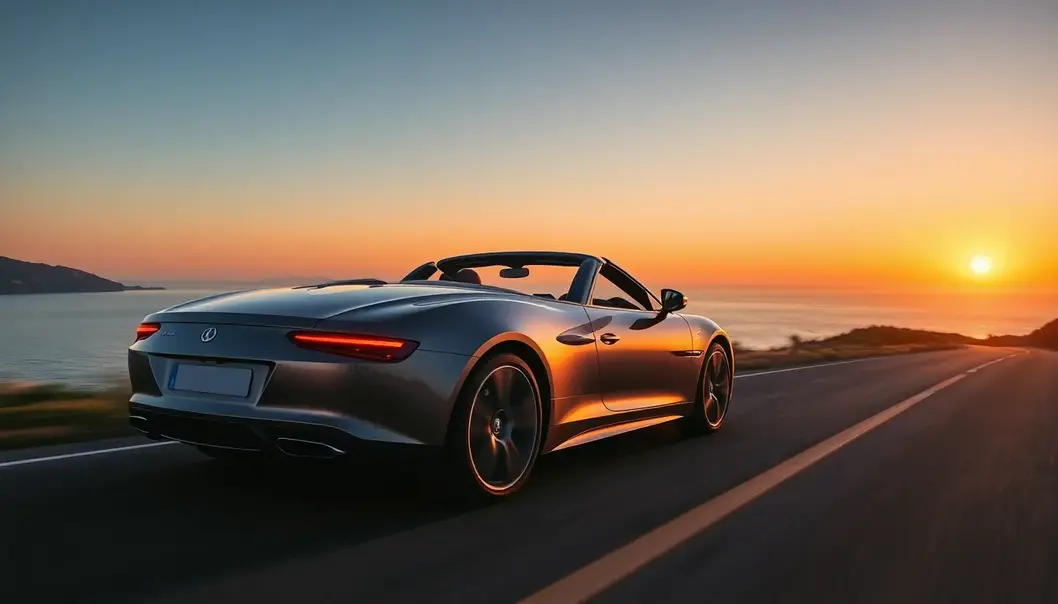 A person driving a luxury car along a scenic coast at sunset, symbolizing elegance and freedom.