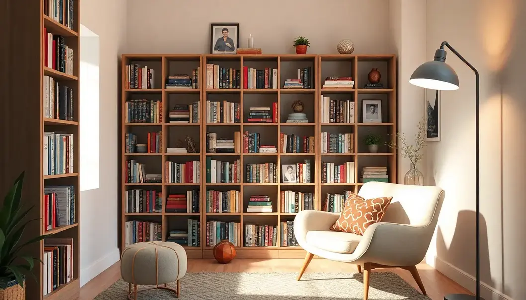 A modern reading nook with a comfortable chair, books, and soft lighting.