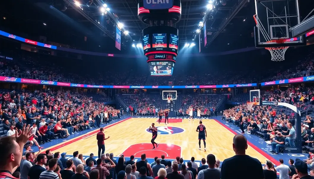 Basketball arena with excited fans and players during an NBA game.