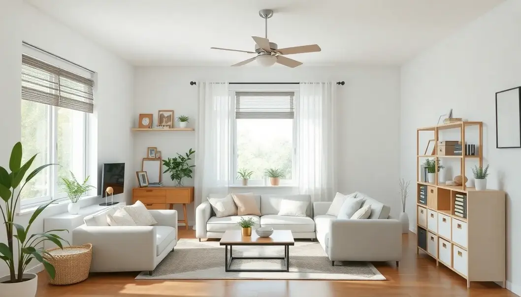 A photo of a tidy, organized family living space with minimalist decor.