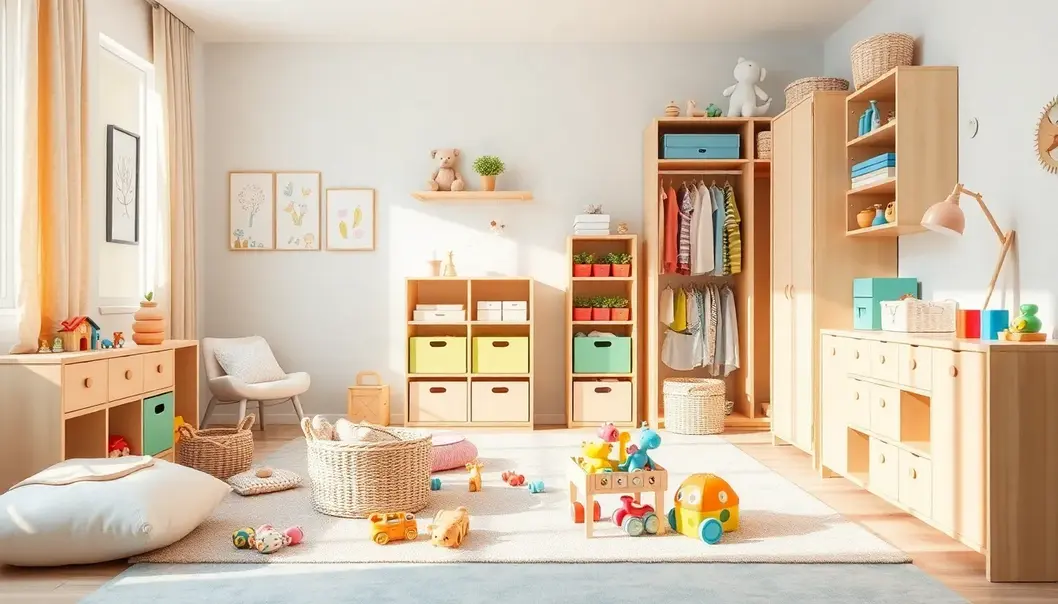 Playroom with modern storage solutions for toys and books.
