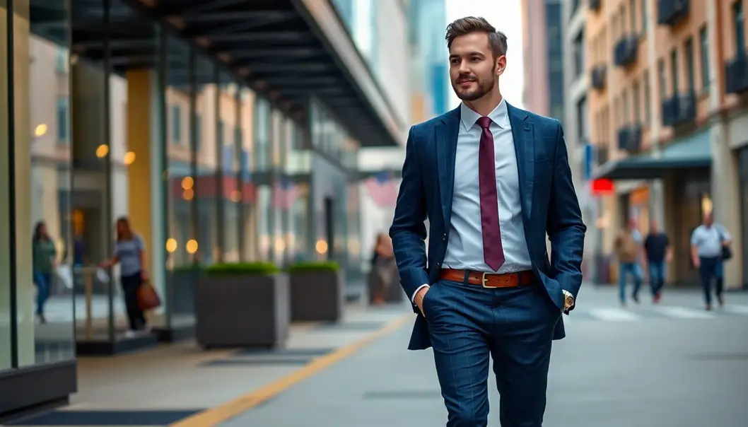 A well-dressed man in a mix of thrifted and new clothes in an urban environment.
